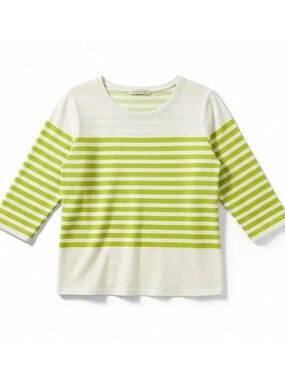 Joie Cotton Slub Stripe Top Chartreuse White 3/4 Sleeve Pullover L